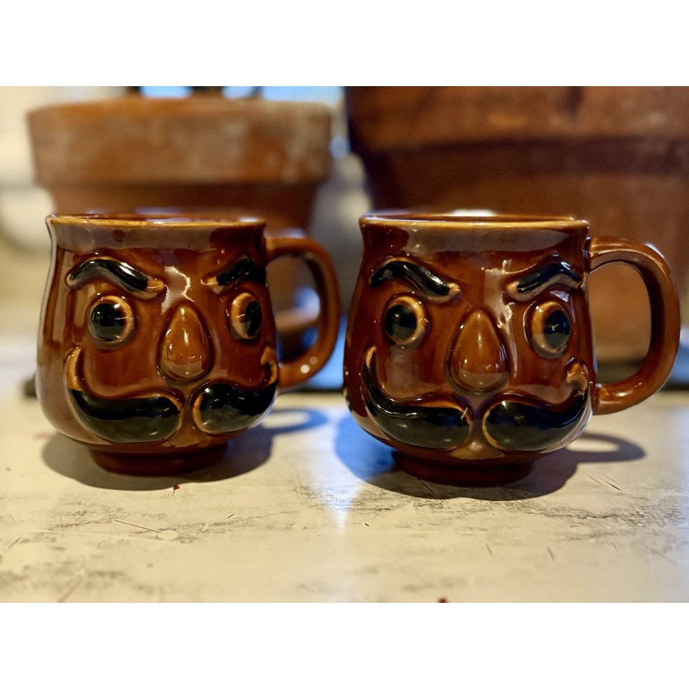 Mr. Mustache Man Ceramic Face Mug with Mustache Guard Brown Black Vintage